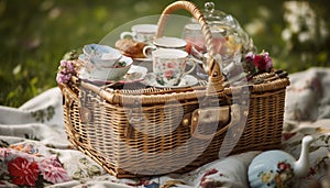 Summer picnic on grass, wicker basket full generated by AI