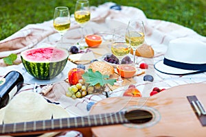 Summer Picnic on the Green Grass. Food and drink concept.