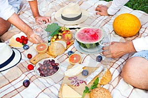 Summer Picnic on the Green Grass. Food and drink concept.