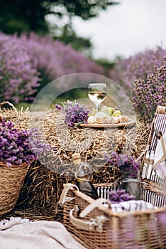 Summer picnic in the lavender field. A glass of white wine, a picnic basket, snacks and a bouquet of flowers on a haystack among