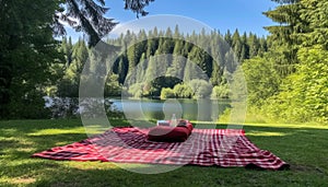 Summer picnic in nature: green meadow, mountain view, relaxation generated by AI