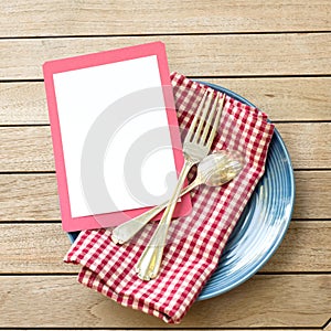 Summer Picnic Outdoor Table Placesetting with Red White and Blue Colors with fork and spoon with a Blank Card for your words, text