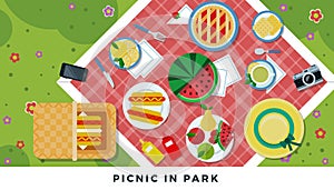 Summer picnic in park basket card background. Composed of Cupcakes, Fruits, and Sandwiches vector flat set illustration