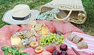 Summer picnic in the park on the grass. Wine, fruit and croissants