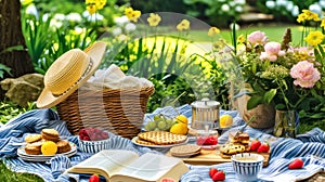 Summer Picnic scene is peaceful and relaxing in garden. A basket of food and drink, fruit and berries, book and flowers