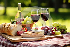 a summer picnic scene with sandwiches and fruit