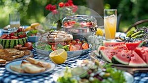 summer picnic spread featuring watermelon, sandwiches, salads, and lemonade perfect for outdoor dining and picnicking