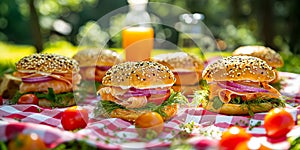 Summer picnic spread with fresh bagels and orange juice amidst a lush green background