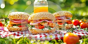Summer picnic spread with fresh bagels and orange juice amidst a lush green background