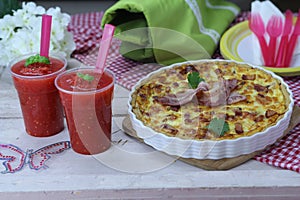 Summer picnic table - Quiche lorraine and gazpacho