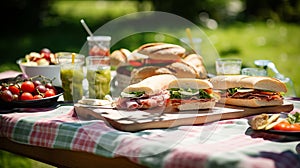A summer picnic table with sandwiches and fruit