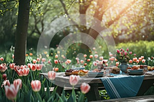 Summer picnic table setting in a tulip garden. Generative AI