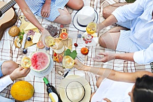 Summer picnic with white wine top view