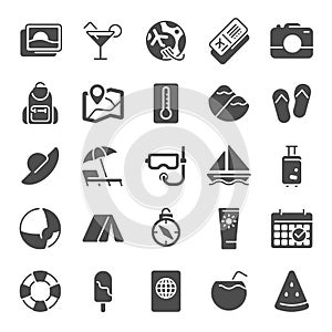 Summer pictogram icons. Sea beach umbrella, pool party and summer vacation silhouette icon vector illustration set