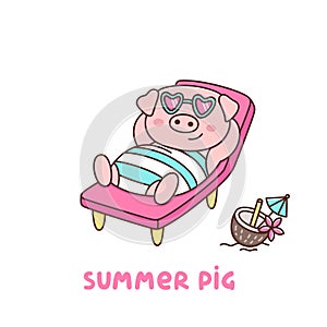 Summer pig in swimsuit and glasses, with coconut cocktail, lays on a deckchair on the beach.