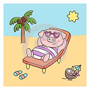Summer pig in swimsuit and glasses, with coconut cocktail, lays on a deckchair on the beach.