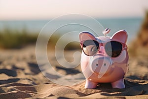 Summer piggy bank with sunglasses on the beach