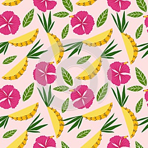 Summer pineapple and flower seamless pattern