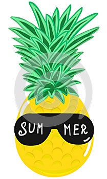 Summer pineapple in sunglasses cartoon vector illustration drawn by hand. Hello summer concept, party time cute and