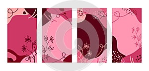 Summer pink banners with hand drawn flowers. Vector wedding card invitation