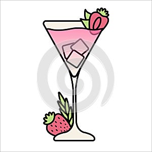 Summer pink coctail with strawberry. Isolated. White background.