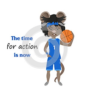 Cartoon rat in basketball uniform with a ball. The time for action is now. Year of the rat. Chinese horoscope. Cute mouse.