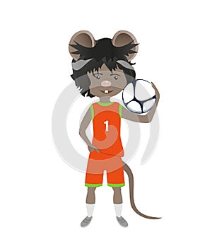 Cartoon rat in basketball uniform with a ball. Year of the rat. Chinese horoscope. Cute mouse.