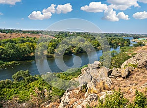 Summer Pivdennyi Buh Southern Bug river in Myhiya, Mykolayiv Region, Ukraine.