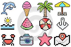 Summer pixel set of icons, vintage, 8 bit, 80s, 90s games, computer arcade game