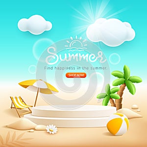 Summer podium display, pile of sand, flowers, coconut tree, beach umbrella, beach chair, poster flyer design
