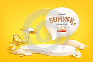 Summer podium display, poster design, on yellow background