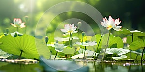 A summer pond with lotus leaves and flowers
