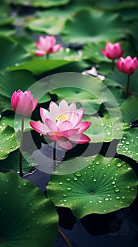 In the summer pond, the tender green lotus leaves and pink lotus flowers cover the water