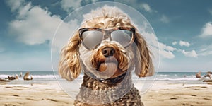Summer Pooch Poodle Dog with a Smiling Face Strikes a Pose on the Sandy Beach. Generative AI