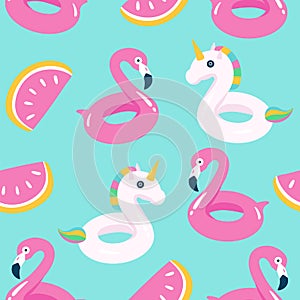 Summer pool floating with flamingo and unicorn. Seamless pattern.