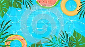 Summer pool. Fun swim background water for summertime party invite or sale, pink tubes float on waves, green tropical