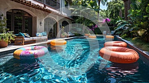 summer pool oasis, ideal summer relaxation spot for the family: backyard pool with clear water and colorful floaties