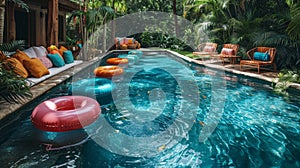 summer pool oasis, an inviting backyard pool with clear water and colorful floaties, ideal for family summer relaxation