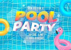 Summer pool party invitation banner. Swimming pool with palm leaves and pool floats.