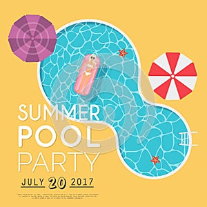 Summer pool party invitation. Flyer or banner template. Flat design elements, minimalist style. Vector illustration.