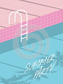 Summer pool party invitation flyer, poster, template, banner with retro swimming pool and steps.