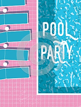 Summer pool party invitation poster, flyer vector template with vintage swimming pool background and sunbeds.