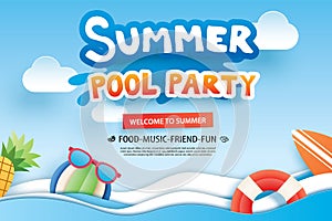 Summer pool party with paper cut symbol and icon for invitation