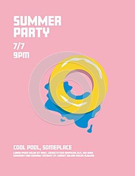 Summer pool party poster vector template with life ring. Symbol of holiday, fun, vacation.