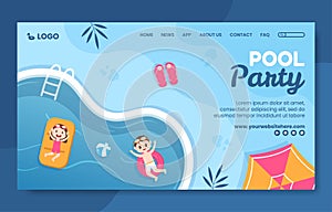 Summer Pool Party Social Media Landing Page Template Cartoon Background Vector Illustration