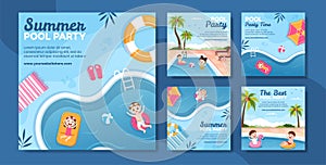 Summer Pool Party Social Media Post Template Cartoon Background Vector Illustration