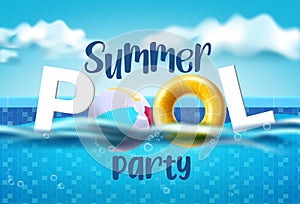 Summer pool party vector banner design. Summer pool party text in swimming pool background with floater and beach ball floating.