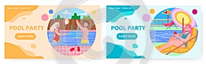 Summer pool party vector concept illustration. People enjoy vacation and drink beer by swimming pool. Young woman and