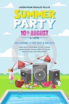 Summer pool party, vector poster, banner layout. Music loudspeakers, cocktails near swimming pool.