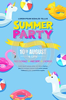 Summer pool party, vector poster, banner layout. Unicorn, flamingo, duck, ball, donut cute floats in water.